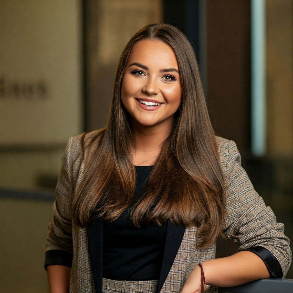 Smiling occupational therapist in a professional setting, sharing her positive experience and success story.