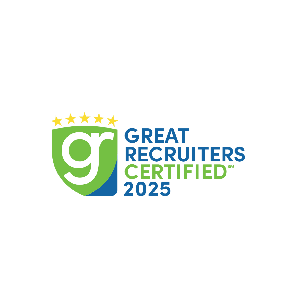 Green and blue shield-shaped logo with five gold stars and the text “Great Recruiters Certified 2025.