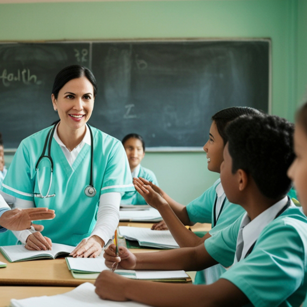school-based-speech-pathologist-career-outlook A female speech-language pathologist in a green scrub top smiling while working with students in a classroom setting.