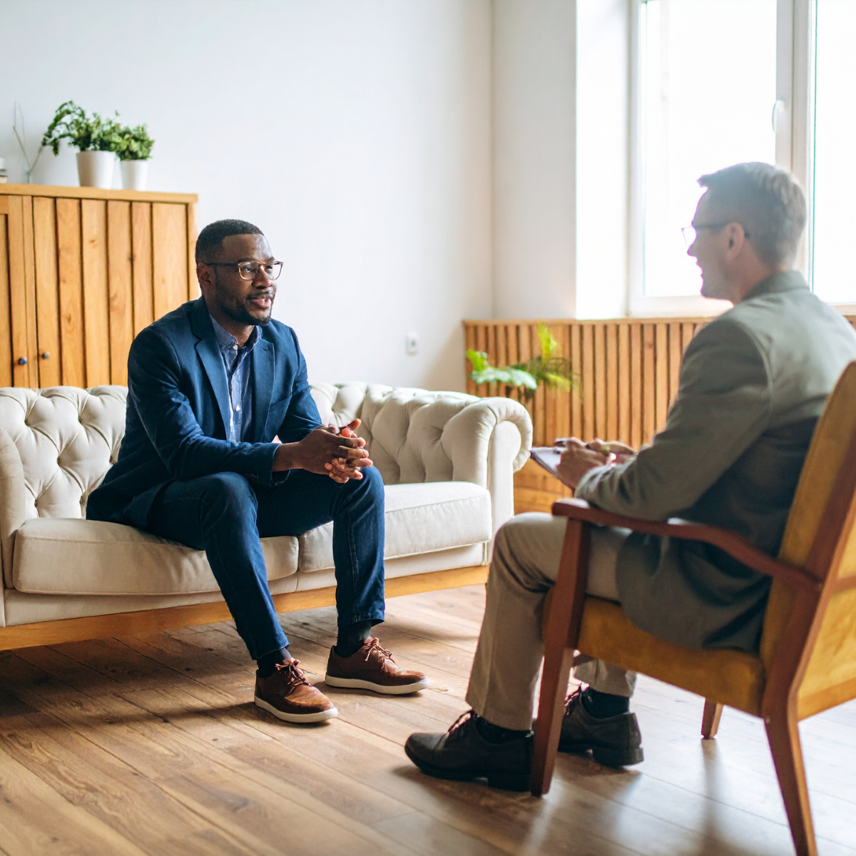 A male healthcare professional and a psychologist in a comfortable office setting, illustrating the collaborative nature of integrated mental and physical healthcare.