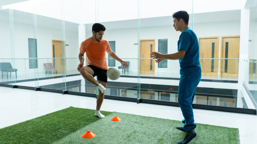 Focused on enhancing coordination, the physical therapist expertly guides the patient through a series of exercise designed to improve neuro muscular control, promoting precise and purposeful movements for optimal rehabilitation