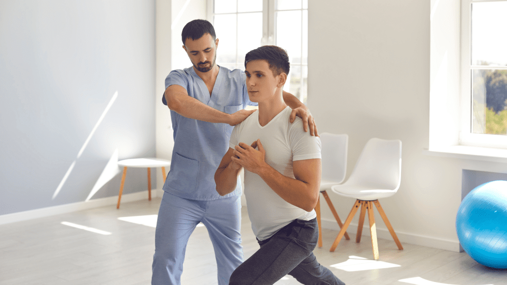 PE Teacher Ideas for Soccer Activities – Engaging Physical Education Curriculum A physical therapist in blue scrubs guiding a male patient through a lunge exercise in a bright healthcare clinic.