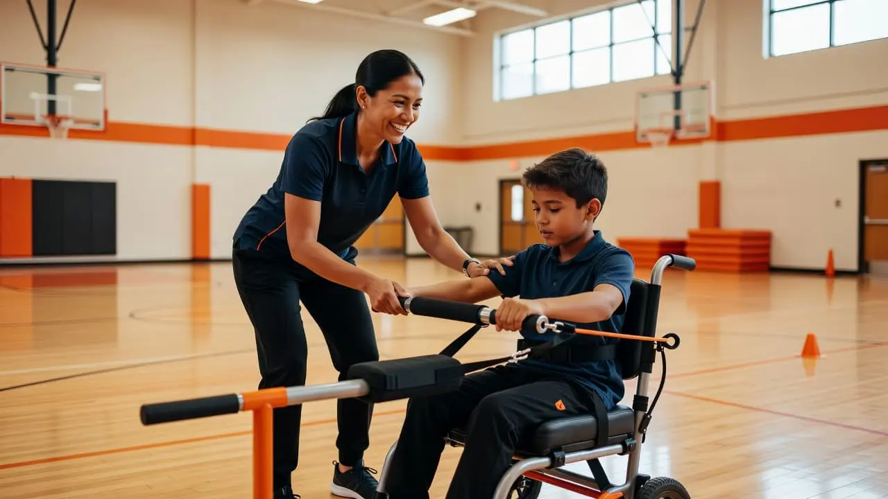 A smiling teacher wearing athletic clothing assists a student with specialized exercise equipment inside a bright gymnasium. The room features vibrant orange accents and polished floors, highlighting a supportive, professional learning environment.