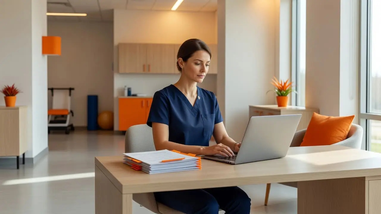 A professional therapist reviews patient documentation on a laptop within a clean clinic setting. Warm ambient light illuminates the workspace, which features modern furniture accented with vibrant orange decorative elements.