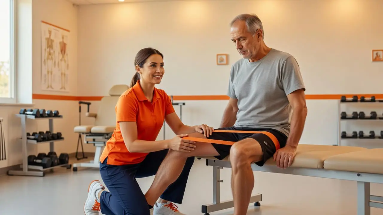 A focused physical therapist assistant guides a patient through therapeutic movements within a clean clinic. Warm lighting illuminates the room, highlighting professional medical equipment and vibrant orange accents in the decor.