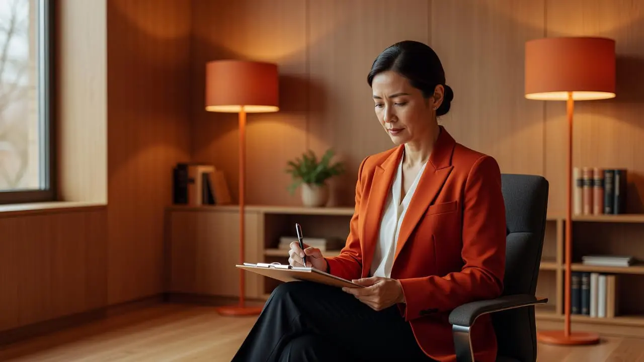 A focused psychologist sits in a comfortable chair holding a clipboard while listening during a session. The warm, sunlit office features vibrant orange accents and organized shelves for a calming atmosphere.