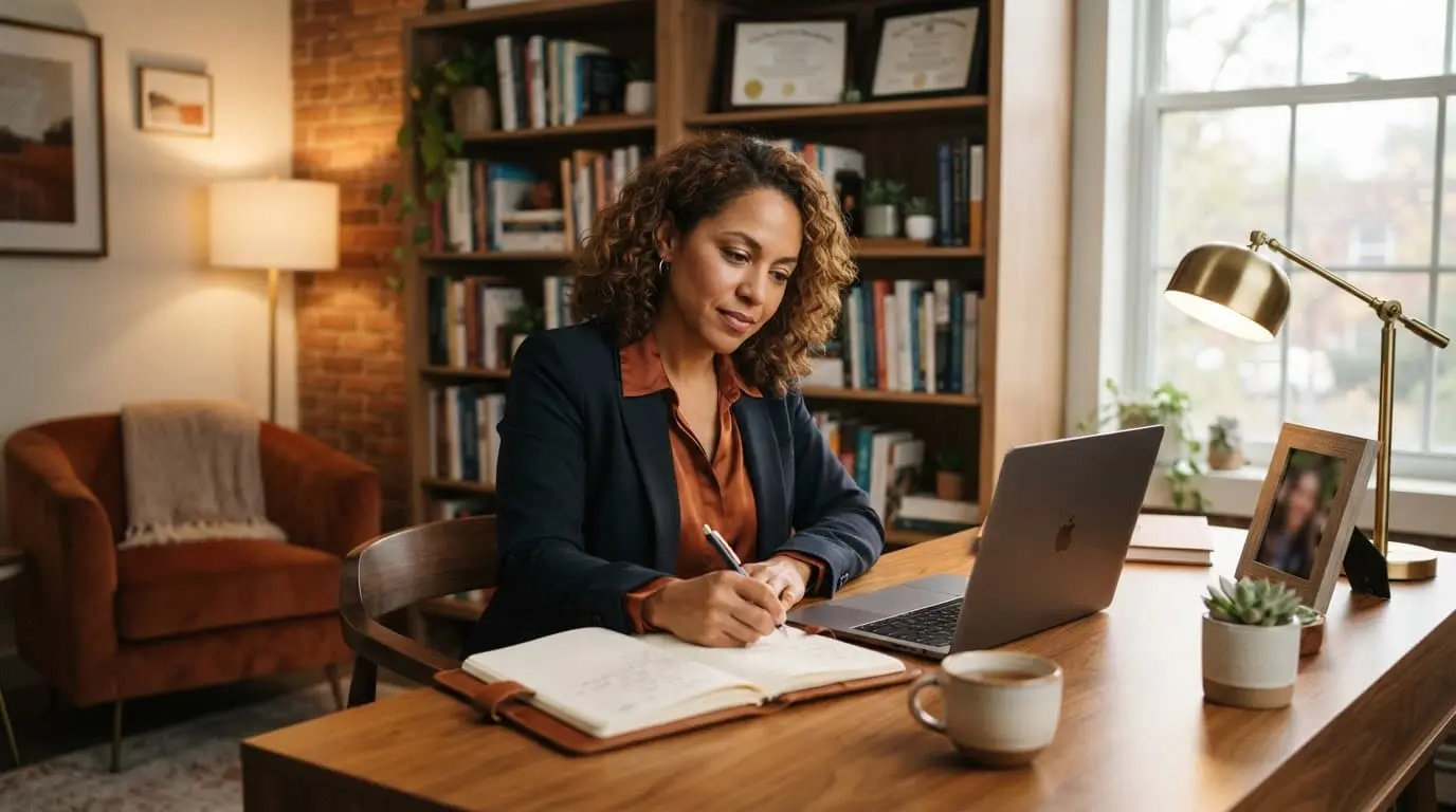 A clinical psychologist working at a warm, modern office desk.