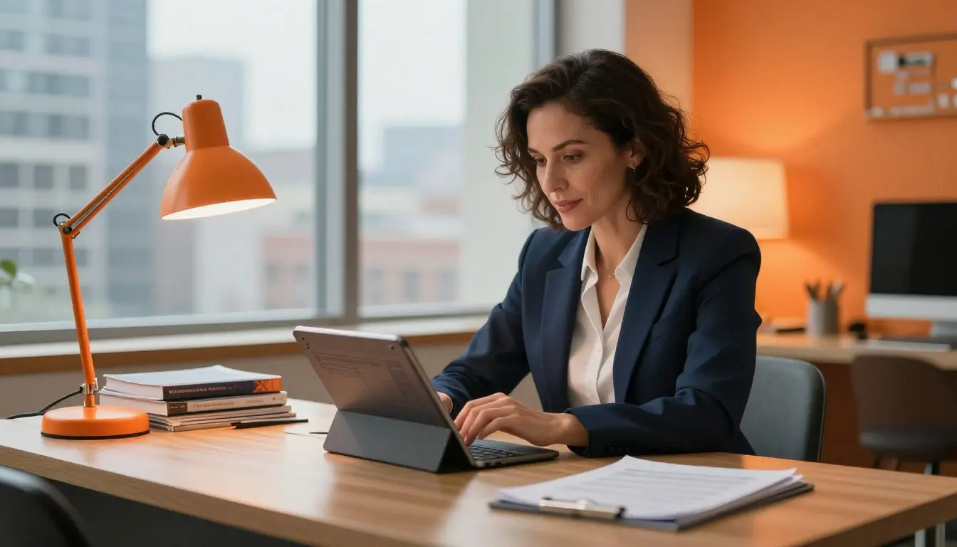 Psychologist reviewing charts on a tablet at a bright office desk.