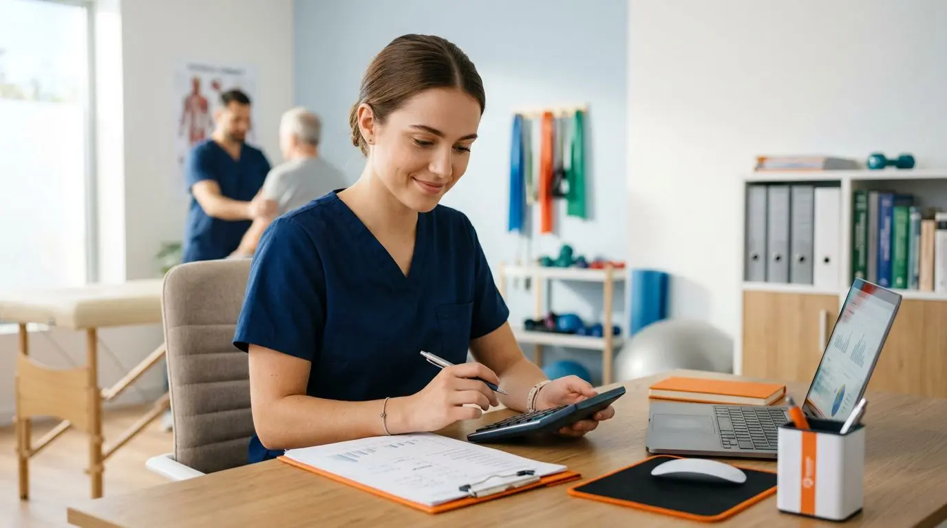 A physical therapist assistant in navy scrubs reviewing documents at a modern clinic desk.