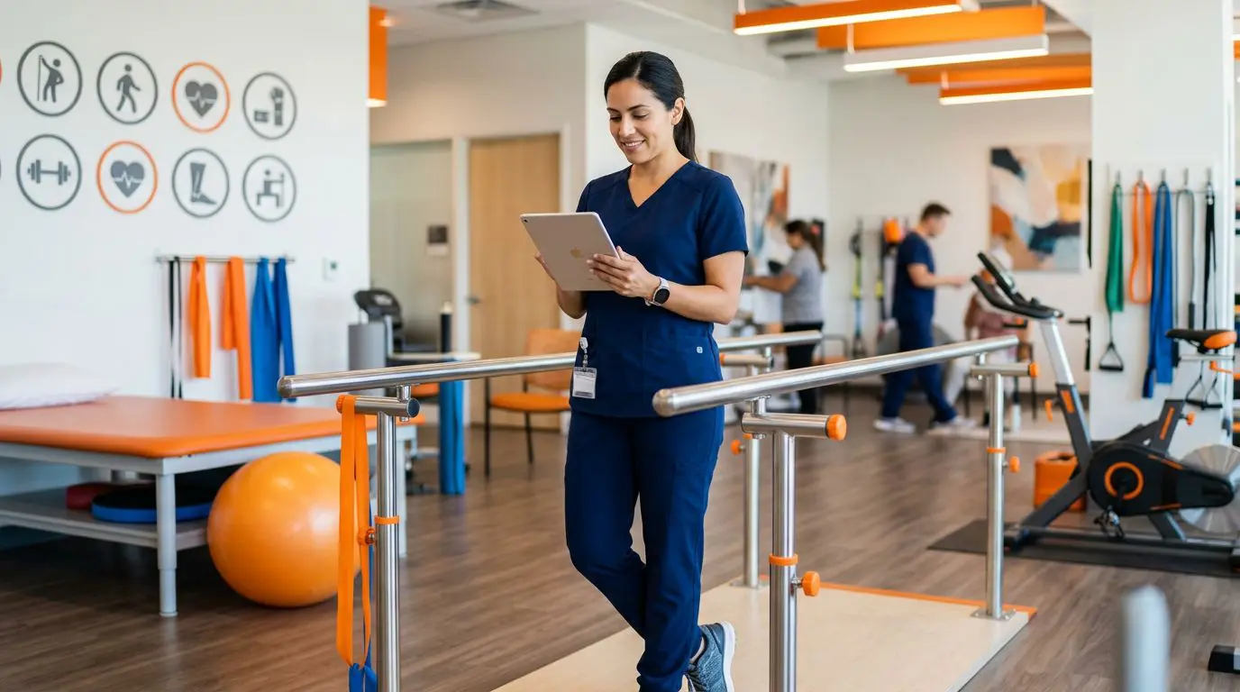 A physical therapist assistant in navy scrubs reviewing a tablet in a bright clinic.