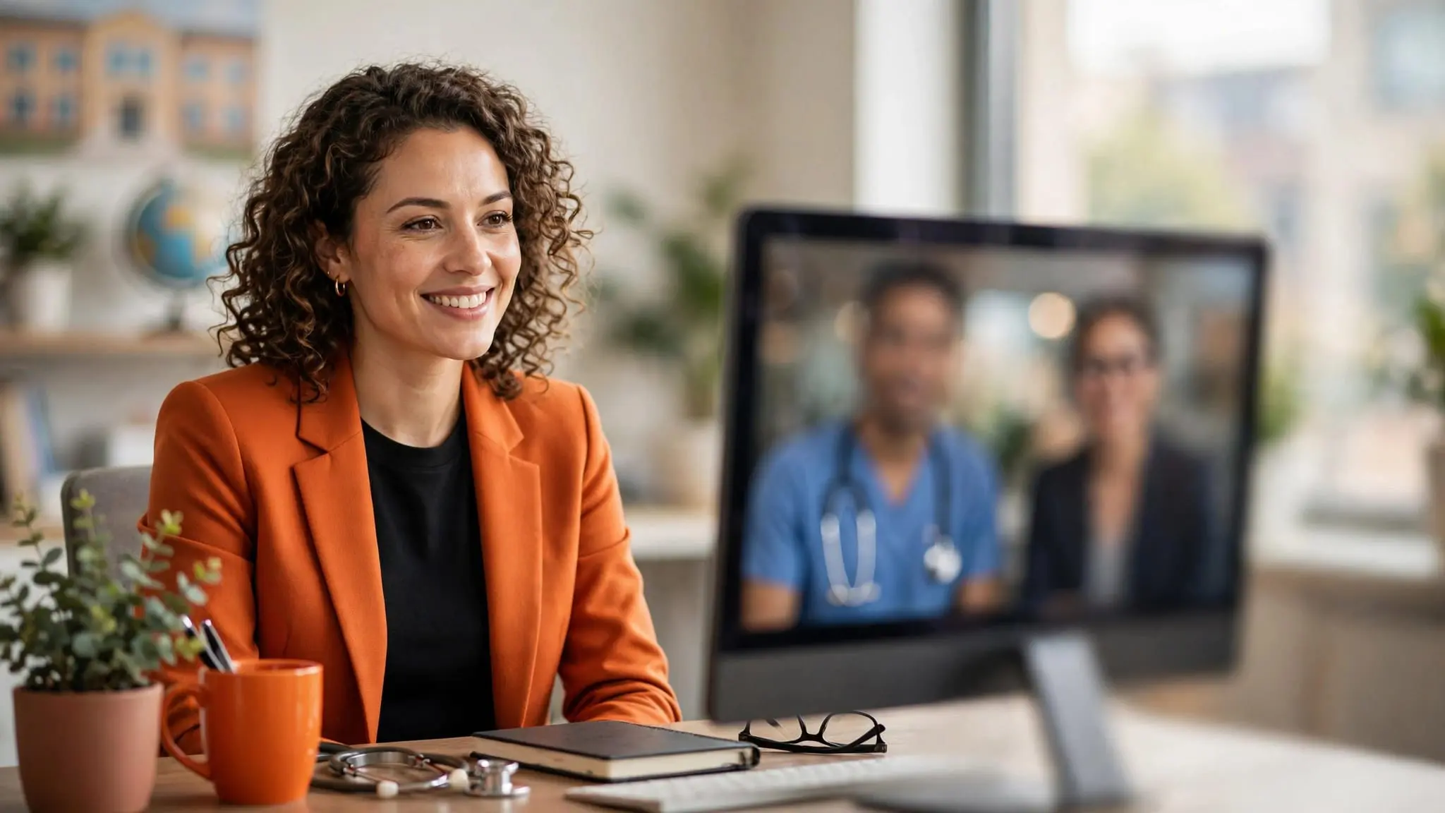 Healthcare recruiter speaking with two professionals during a video call at a bright office desk.