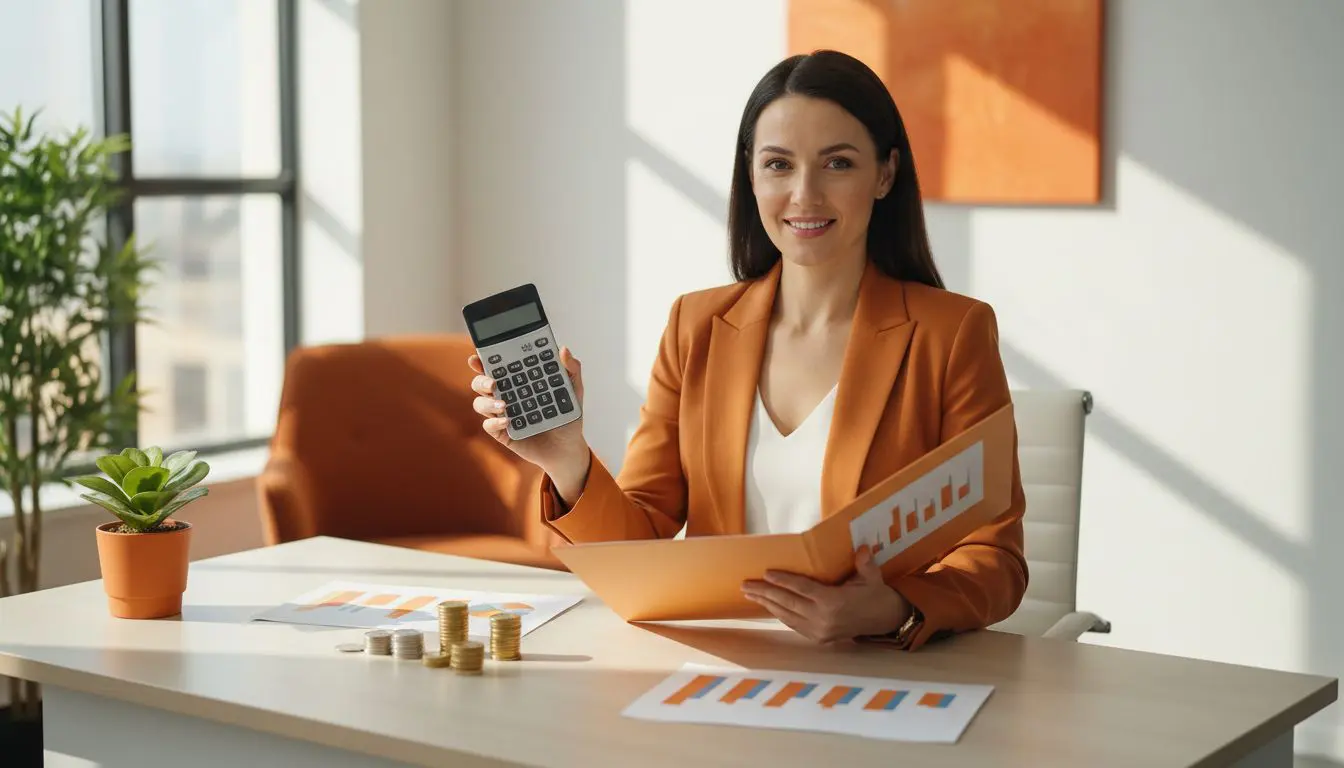 Therapist reviewing salary documents and a calculator at a bright office desk.