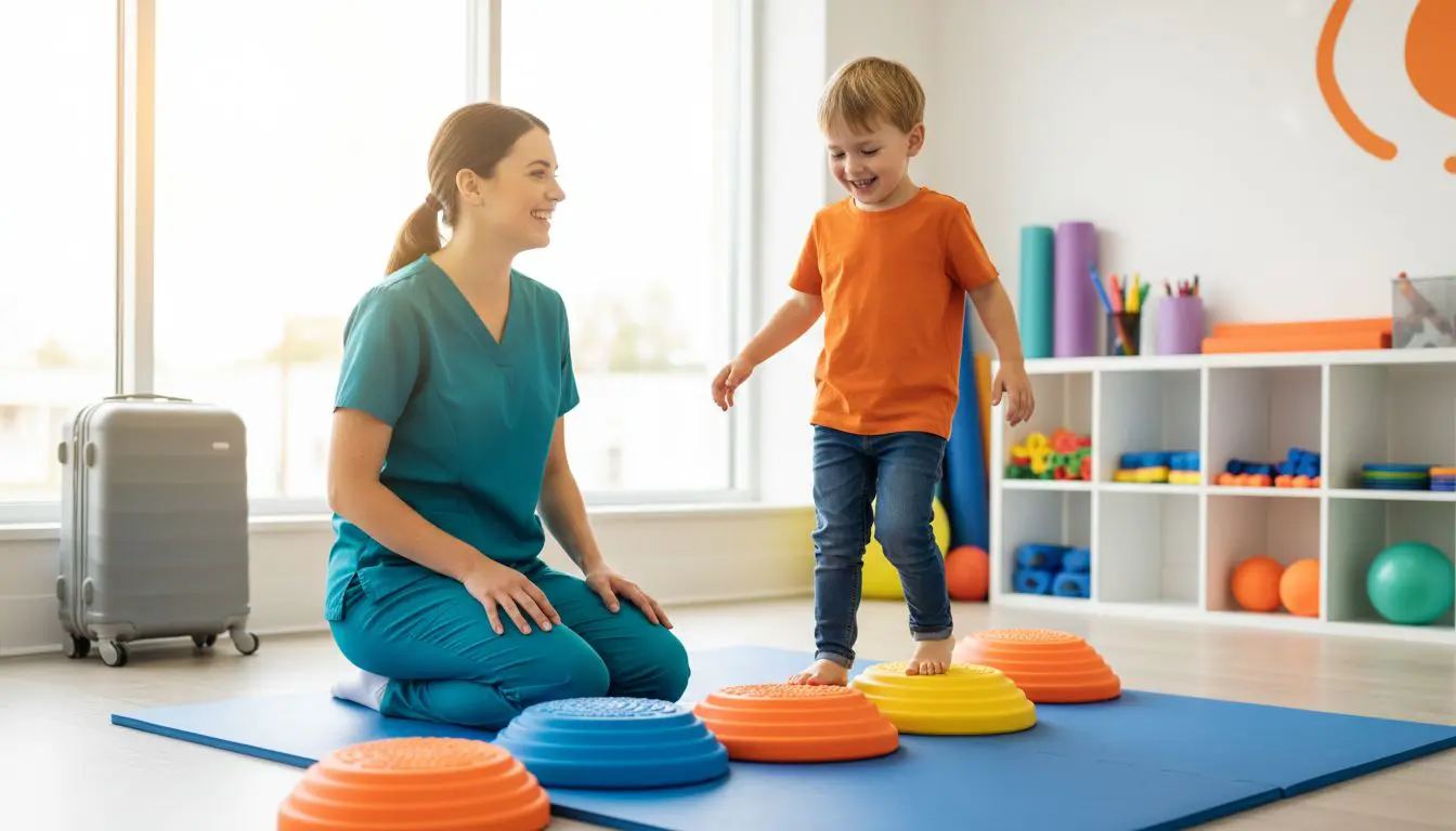 Therapist helps a child balance on colorful stepping stones in a bright clinic.