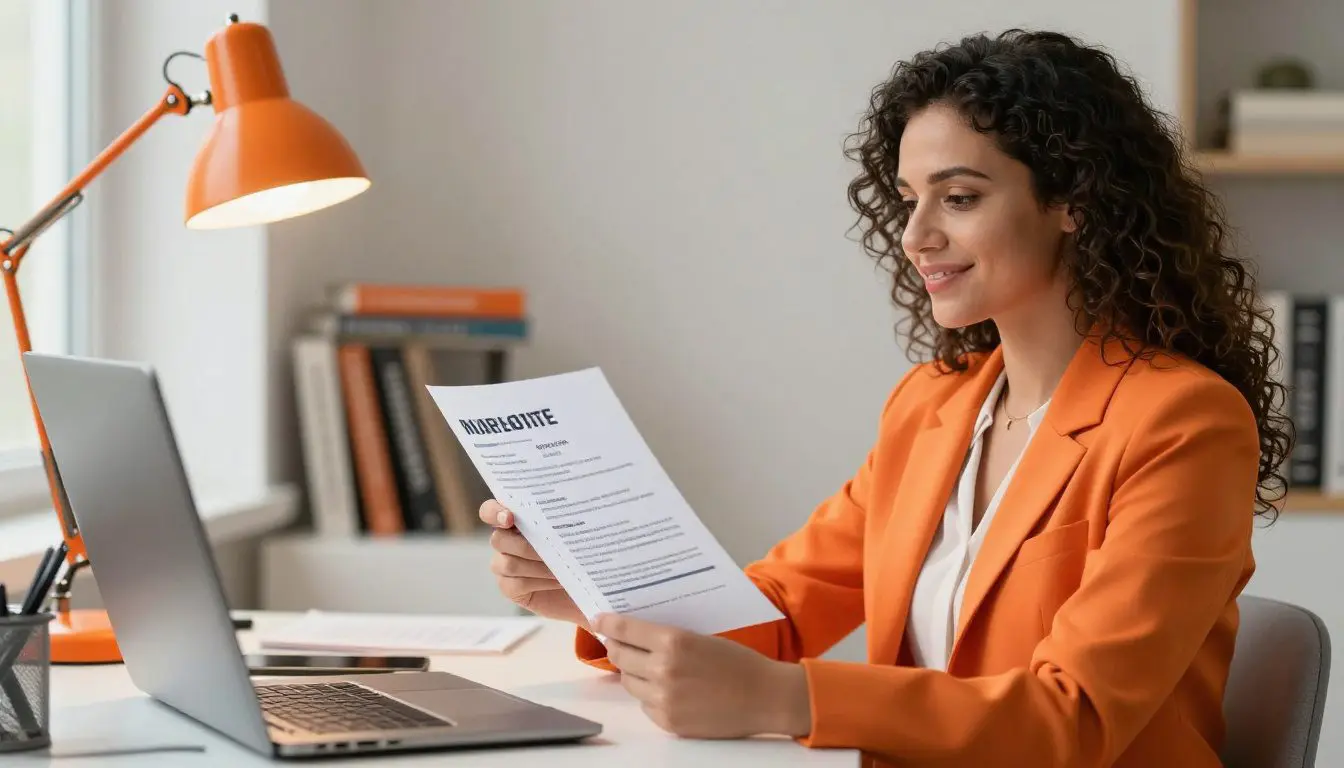 A psychologist smiles while reviewing a resume at her office desk.