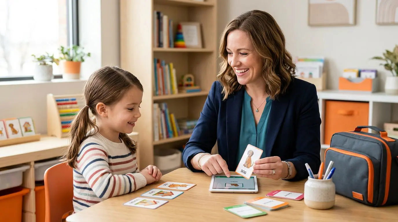 A speech therapist uses picture cards and a tablet with a child in a bright therapy room.