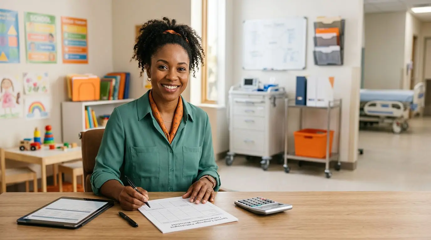 Speech-language pathologist reviewing a worksheet with a tablet and calculator at a desk.