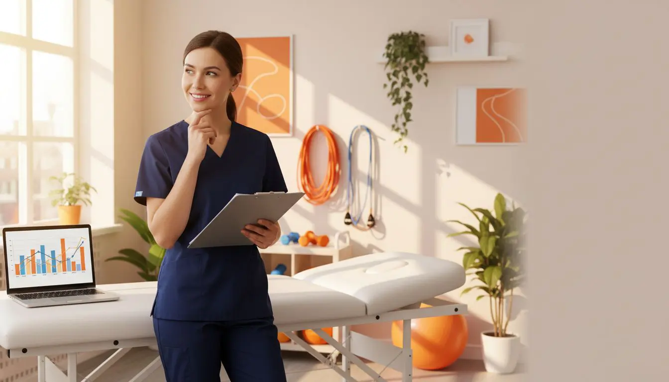 A physical therapist in navy scrubs reviews a clipboard beside a rehabilitation table.