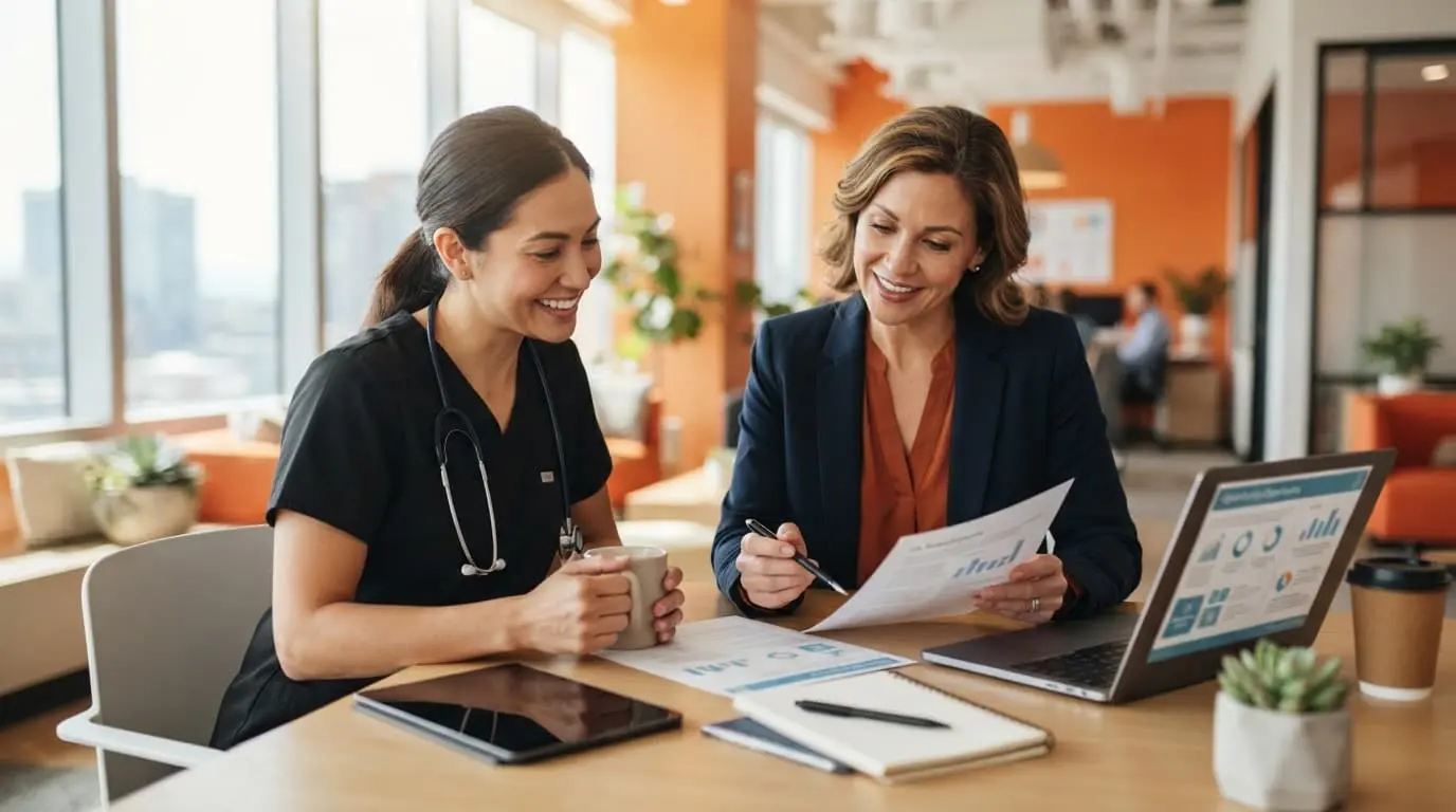 A clinician and recruiter discuss healthcare job opportunities in a bright modern office.