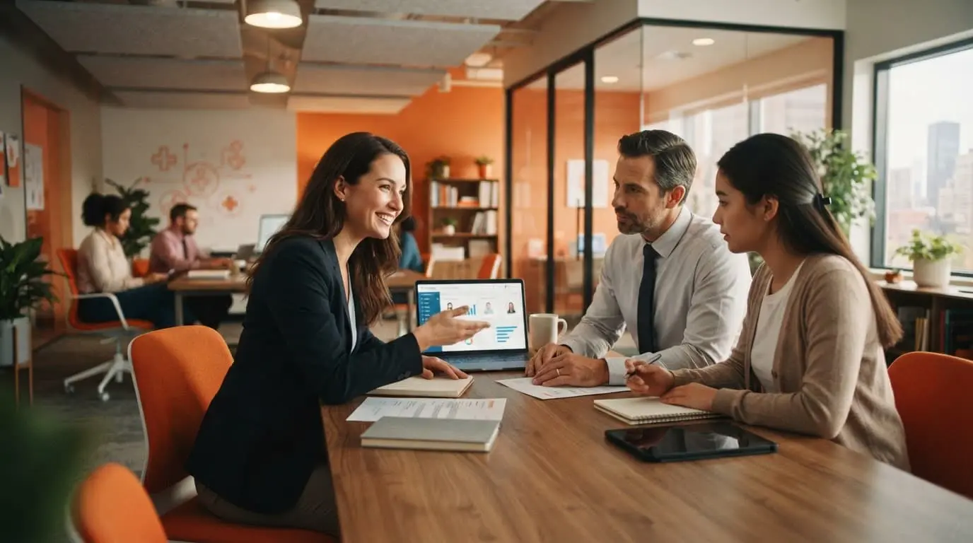 Healthcare recruiters collaborate in a warm modern office with orange accents.