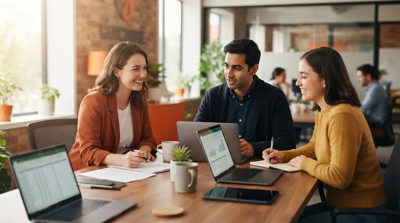 Three healthcare staffing professionals collaborate around a bright desk with laptops and notes.