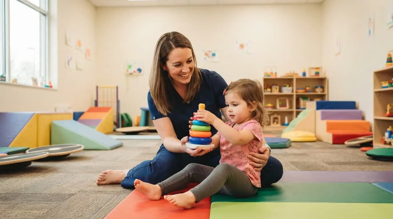 A physical therapist assistant helping a young child with exercises in a bright clinic.