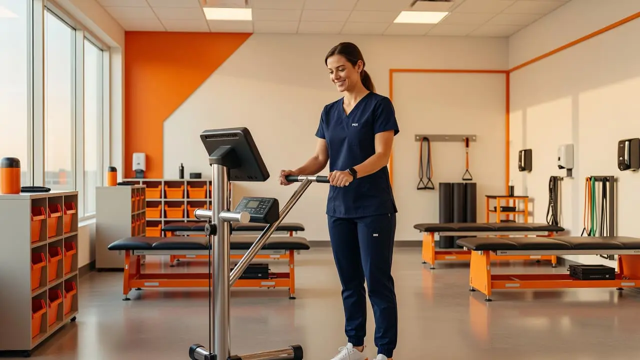 A healthcare professional stands inside a modern rehabilitation clinic, organizing equipment near walls with bright orange accents. The space features warm ambient lighting and a clean, minimalist design for clinical efficiency.