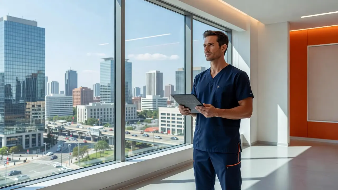 A healthcare professional stands inside a modern clinic holding a tablet while observing a vast city landscape through an expansive glass window. Bright orange accents highlight the sleek, contemporary office interior.