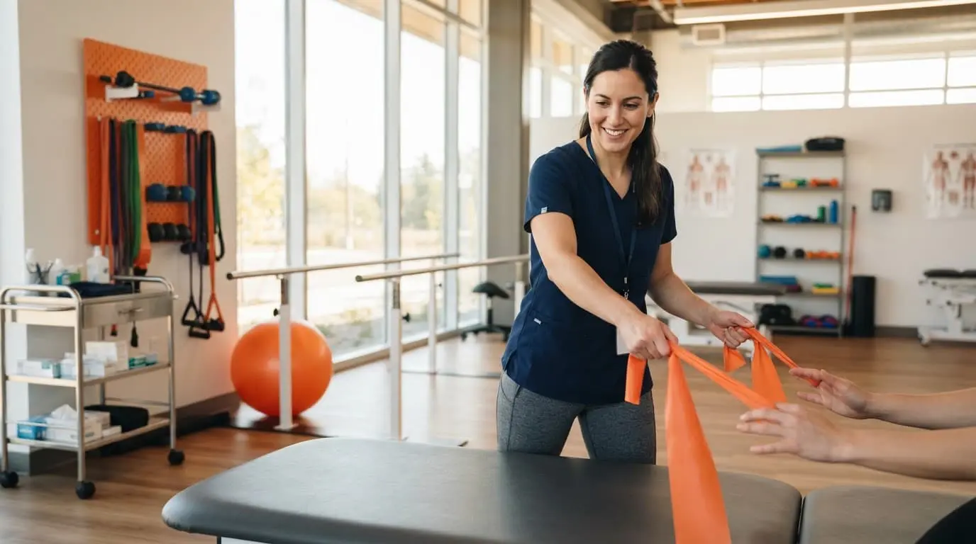 A physical therapist helps a patient with medical equipment in a bright clinic.