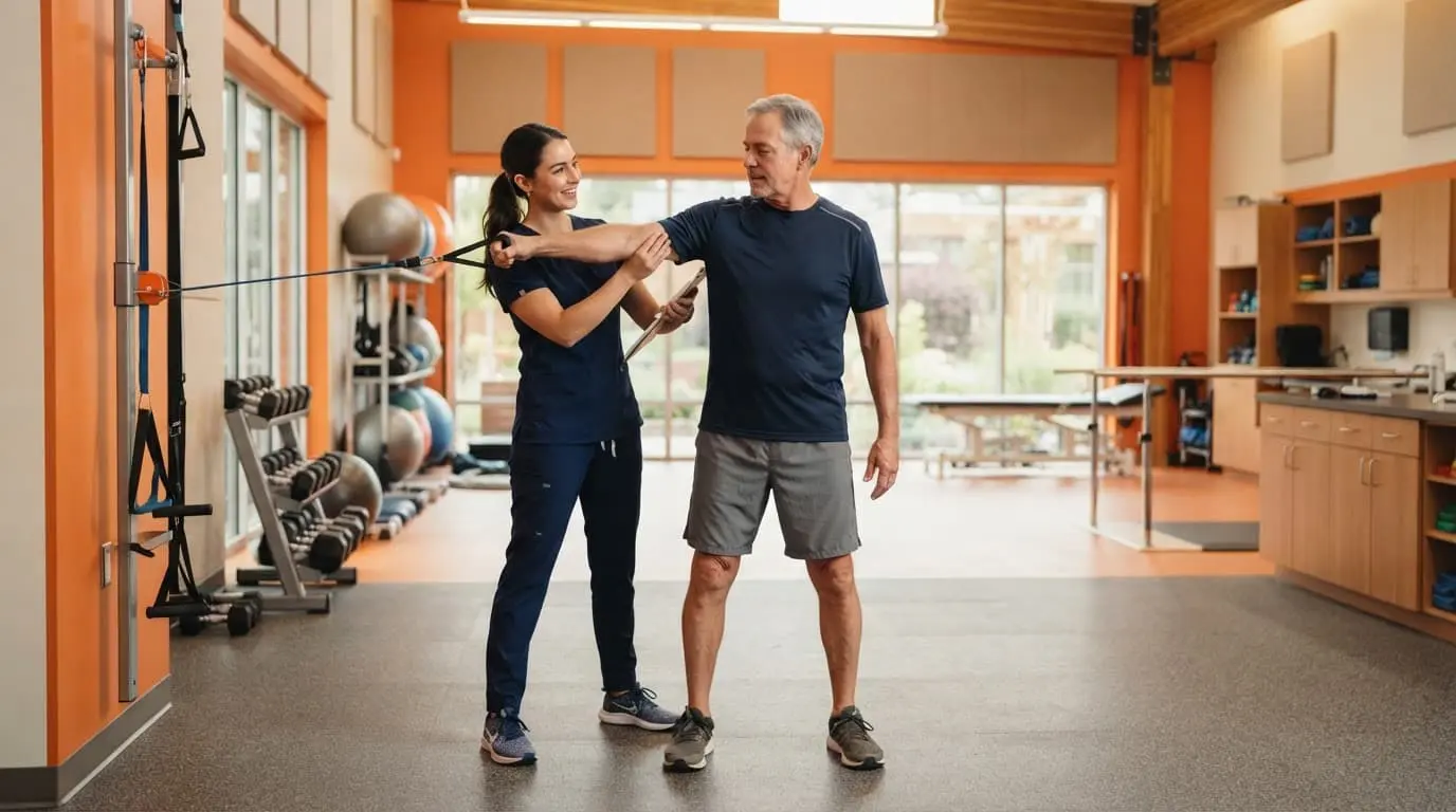 A physical therapist helps a patient with an exercise in a bright modern clinic.