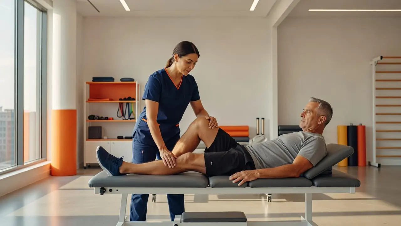 A focused physical therapist assistant guides a patient through corrective exercises within a sunlit, modern clinic. Bright orange decor accents define the professional workspace while maintaining an inviting, clean aesthetic environment.
