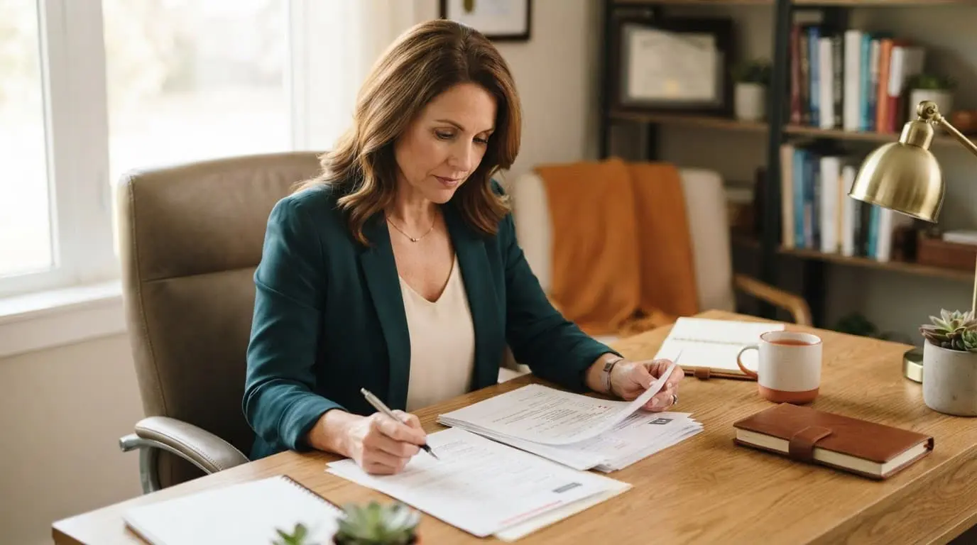 A professional reviewing clinical documents at a desk.