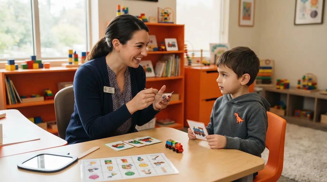 A speech language pathologist working with a client in a bright orange-accented clinic.