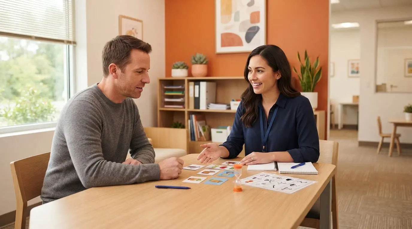 A speech therapist talks with an adult patient in a bright clinic.