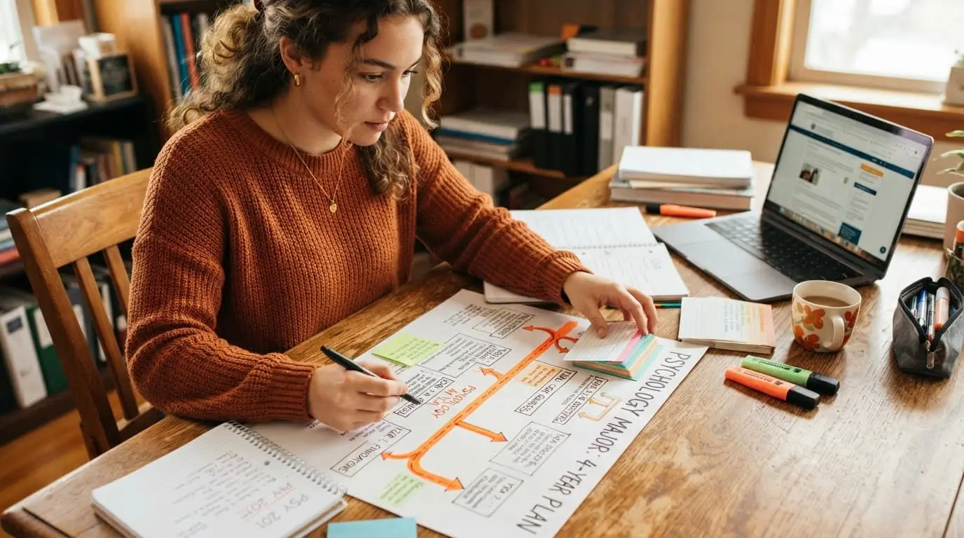 A student organizing notes and a career roadmap on a clean wooden desk with warm orange tones.