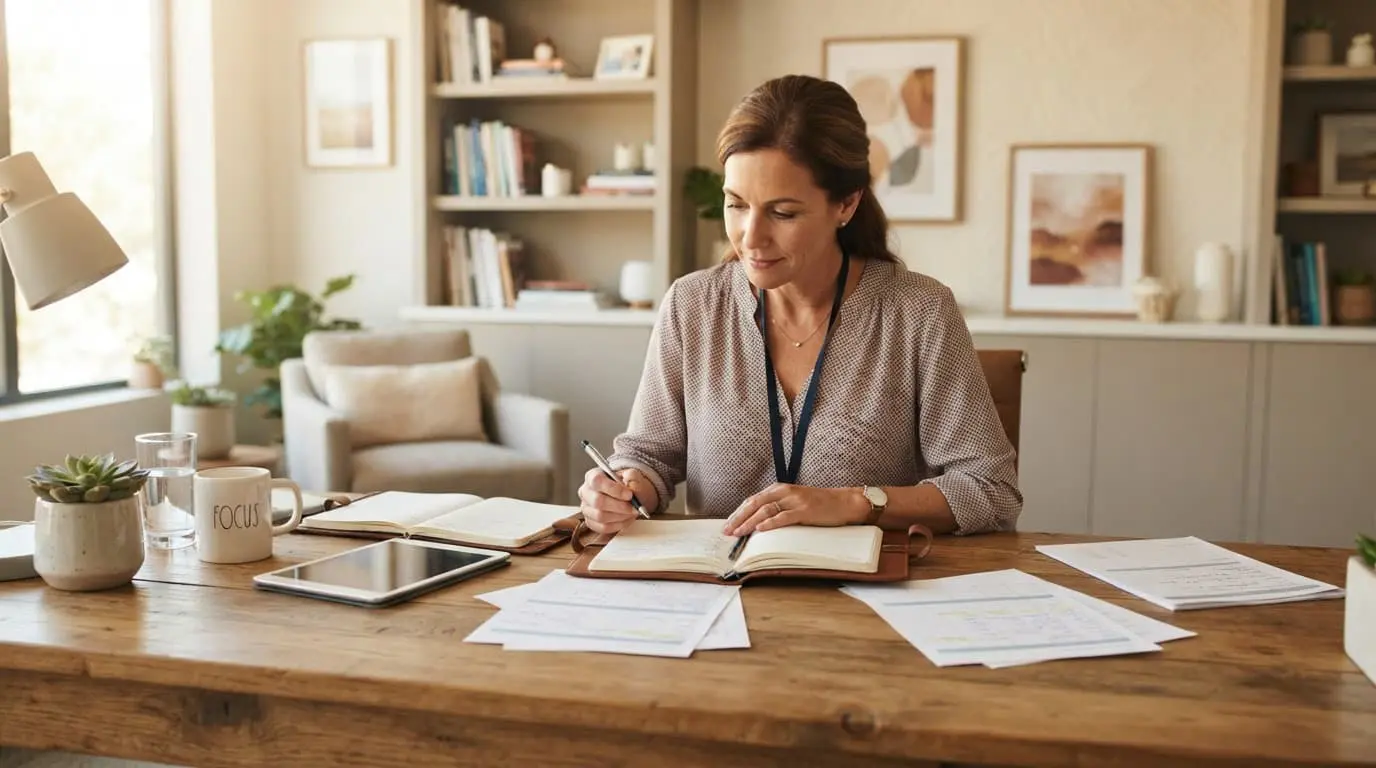 A clinician reviews notes at a wooden desk with orange accents.