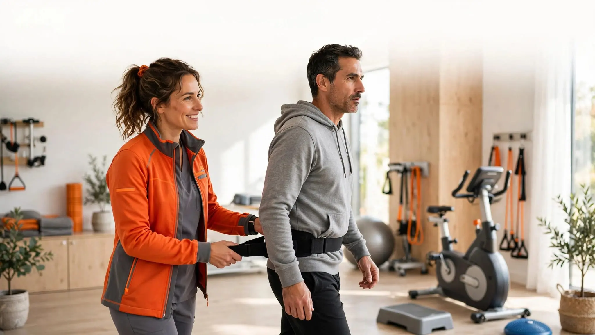 A physical therapist helps an adult patient practice walking in a bright rehabilitation clinic.