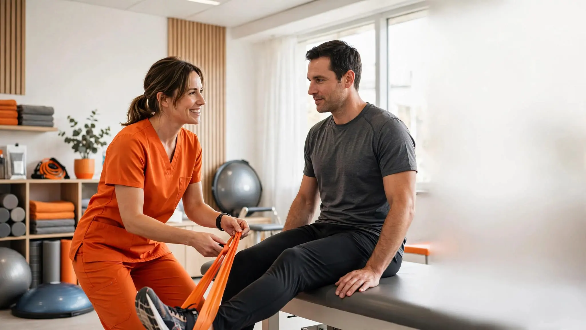 A physical therapy assistant helps a patient exercise with a resistance band.