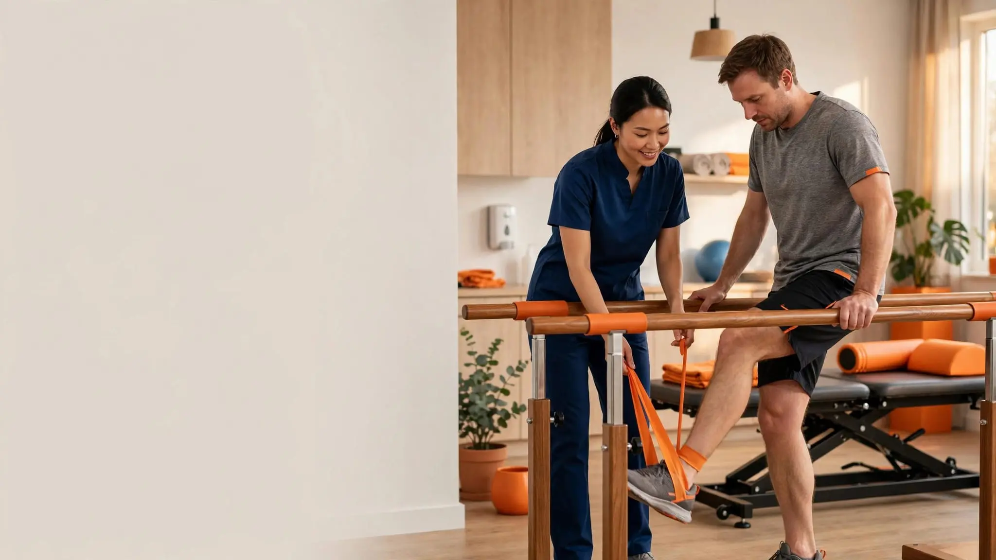 A therapist helps a patient exercise beside parallel bars in a bright clinic.