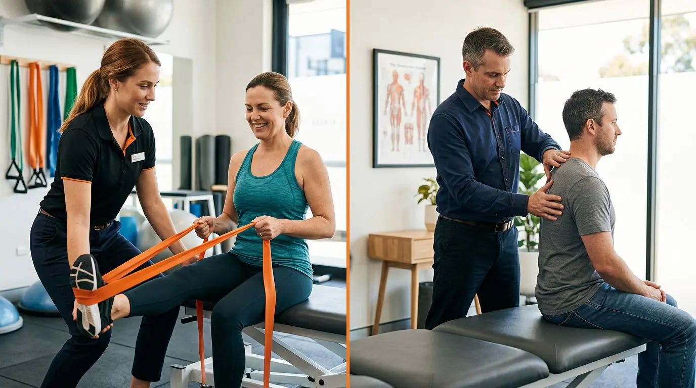 A physical therapist guides exercise beside a chiropractor examining a seated patient.