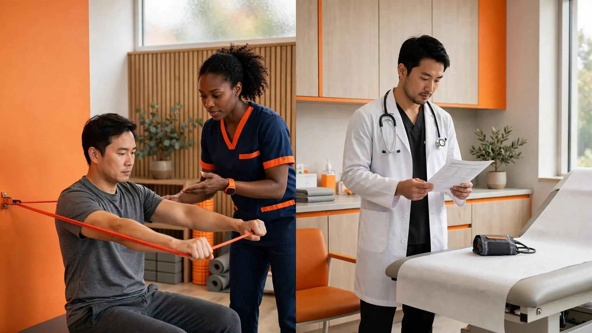 A physical therapist leads an exercise while a physician assistant reviews a chart.