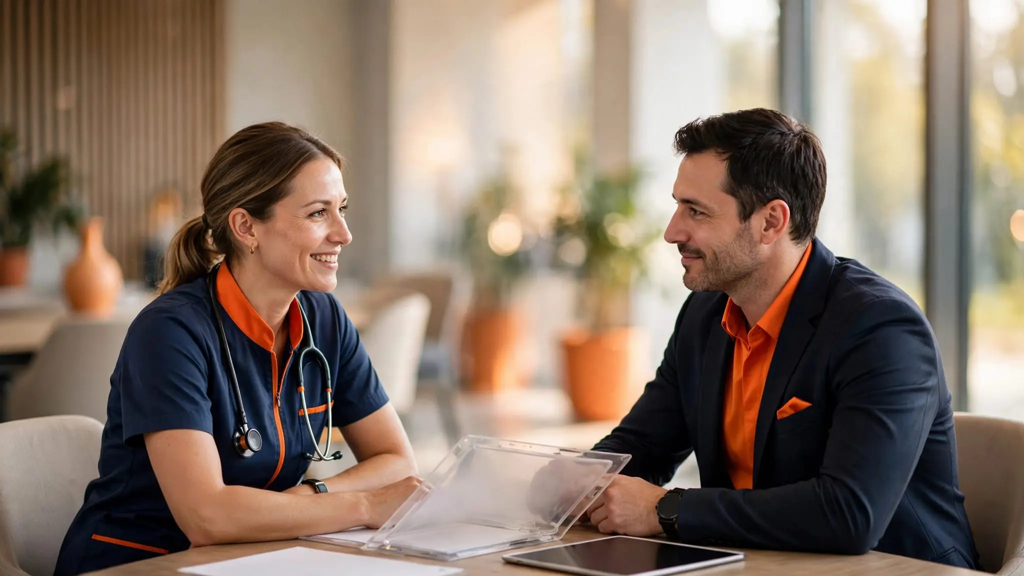 A physical therapist and recruiter review assignment details at an office table.