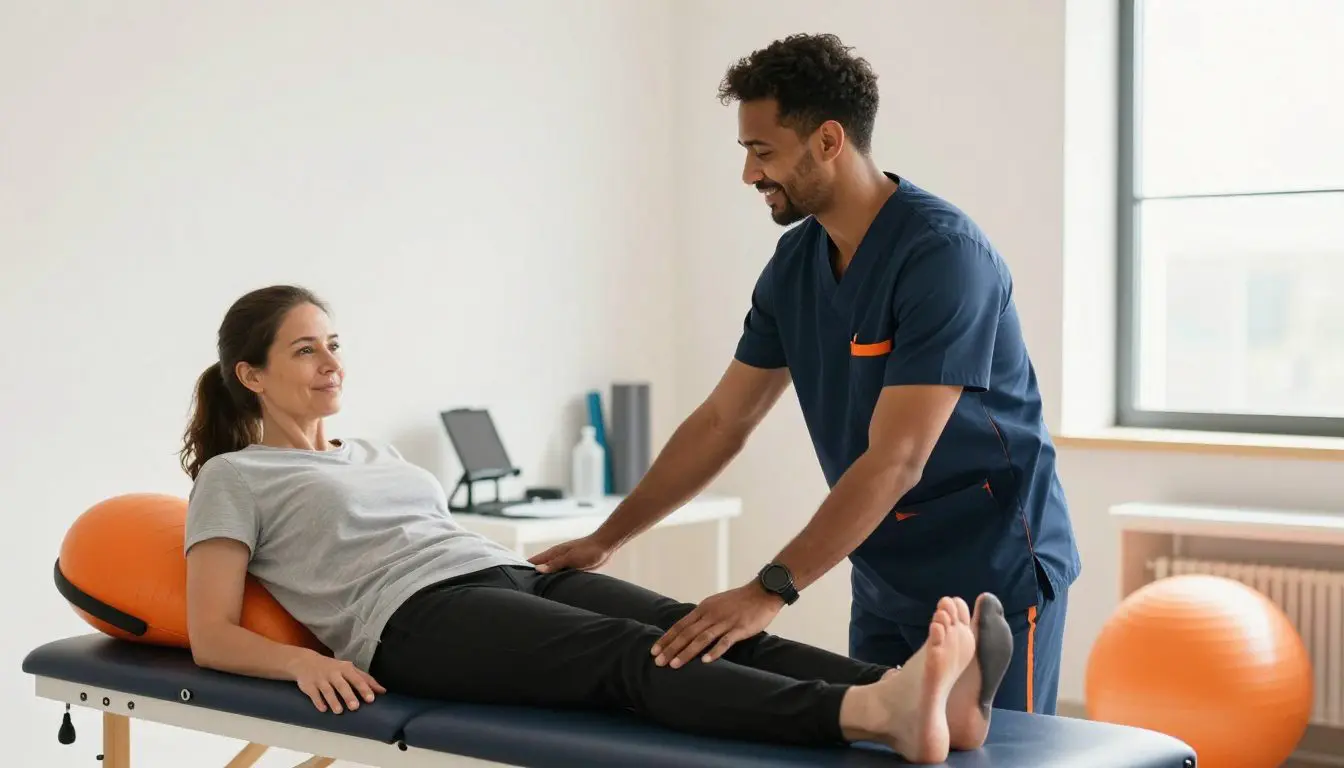 A therapist helps a seated patient stretch a leg in a bright clinic.