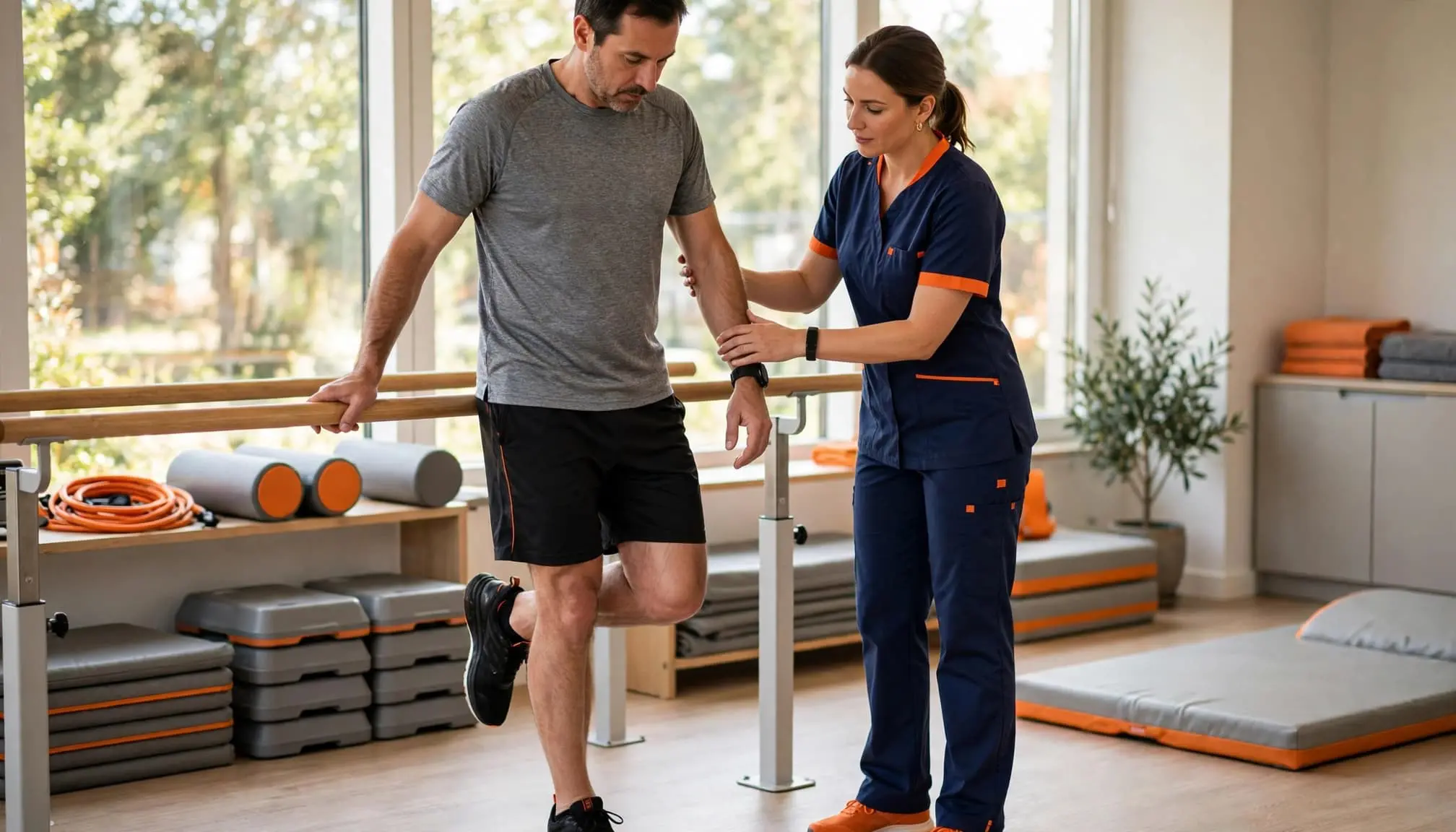 A therapist assistant guides one patient through a balance exercise beside parallel bars.