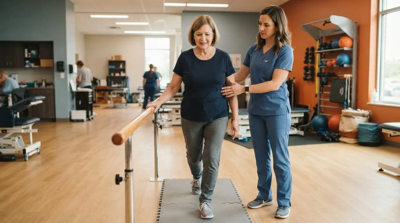 A therapist guides an adult patient through a balance exercise beside a rail.