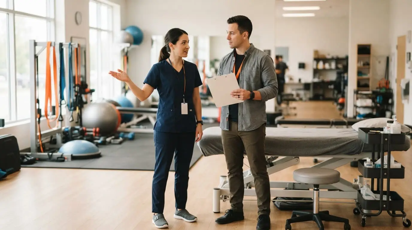 Two clinicians talk beside exercise equipment and a treatment table.