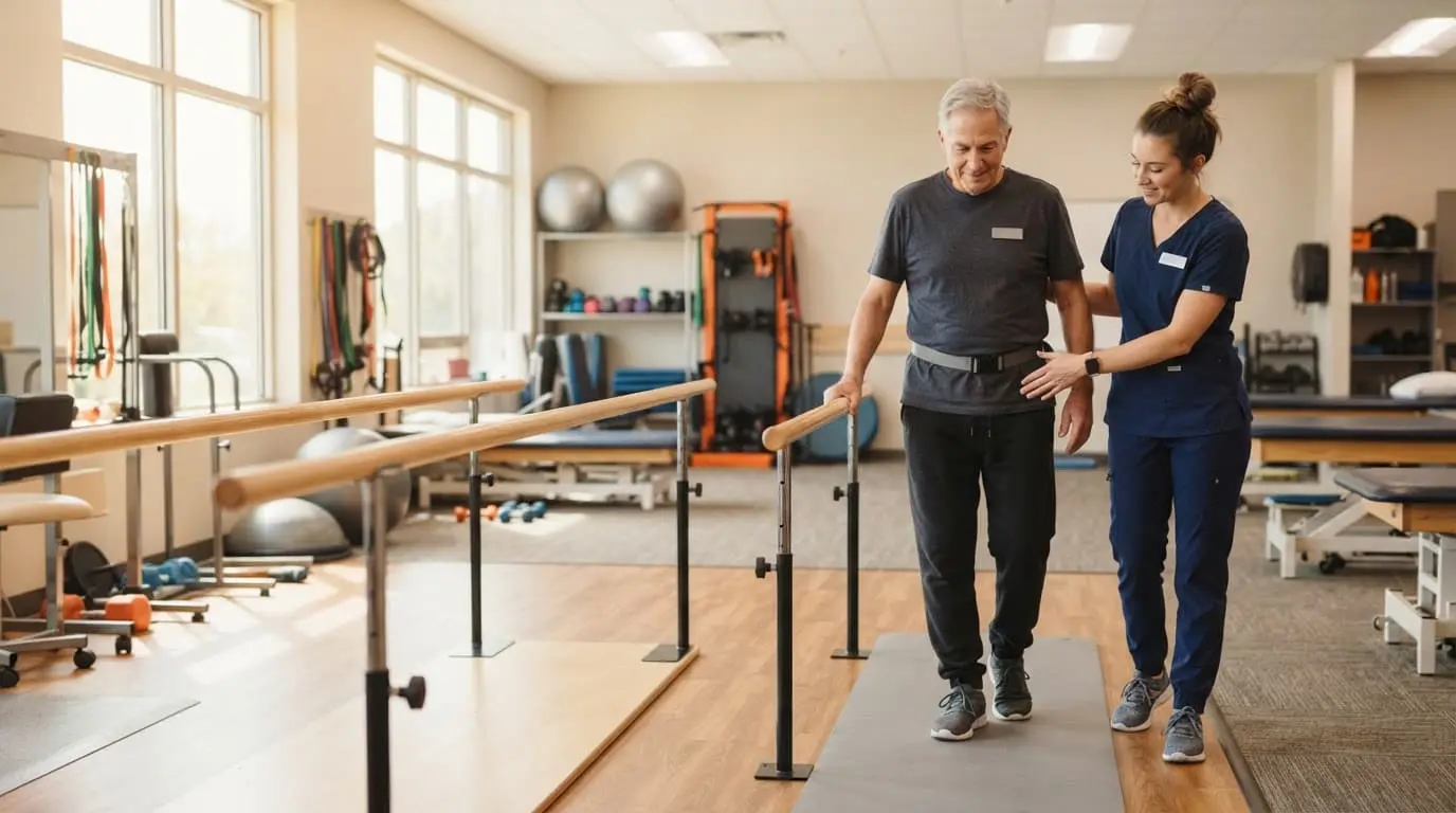 A therapist assists an adult patient with balance training beside parallel bars.