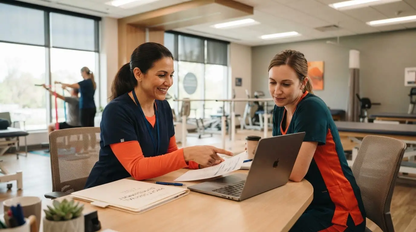 A physical therapist and assistant review a career plan beside a laptop.