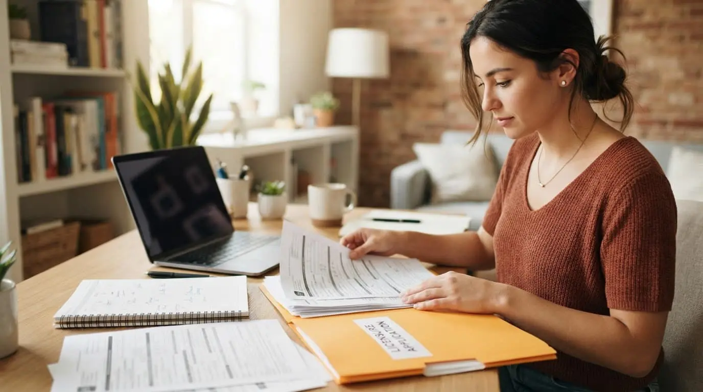 A PTA organizes licensure papers beside a laptop and calendar.