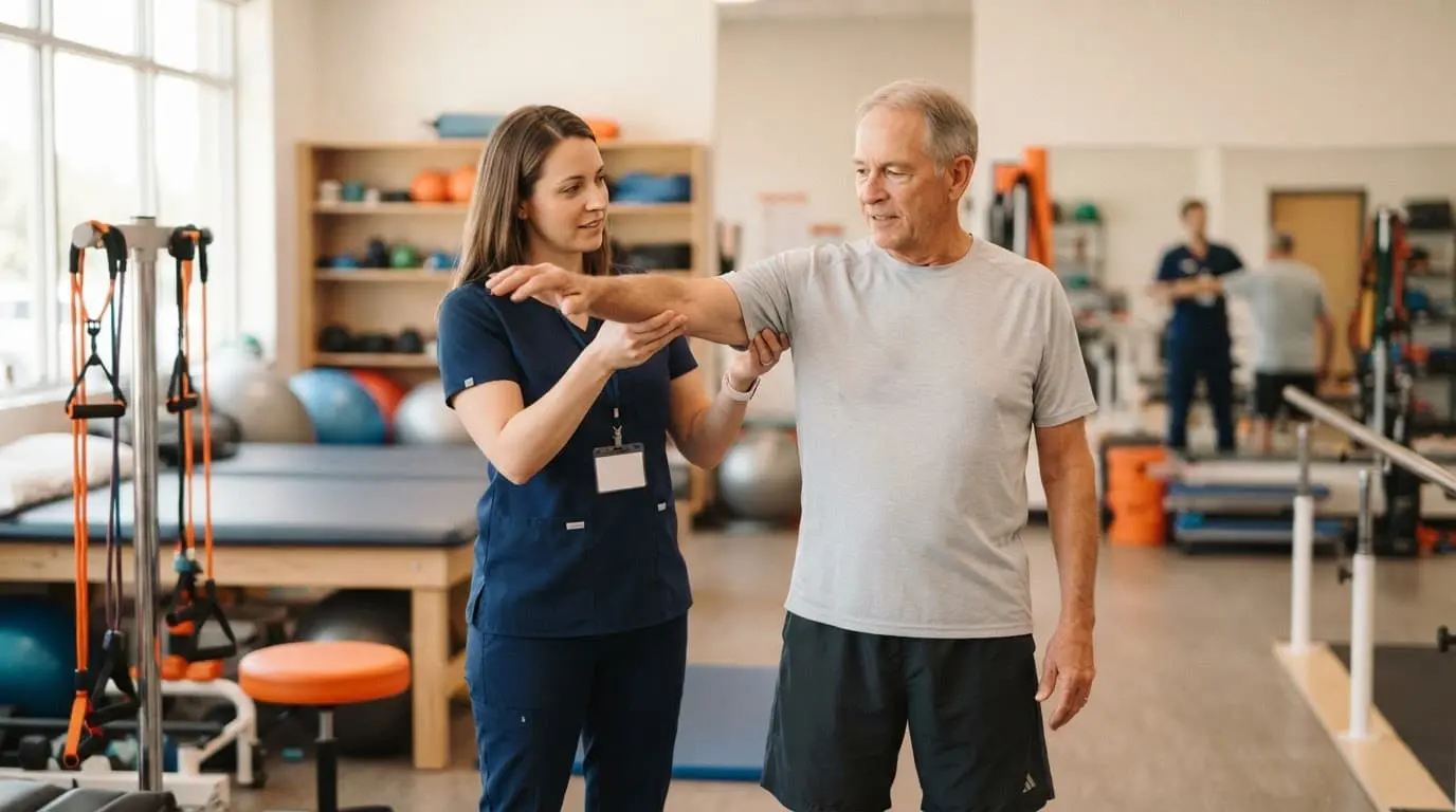 A therapist assistant guides an adult patient through a gentle movement in a bright clinic.