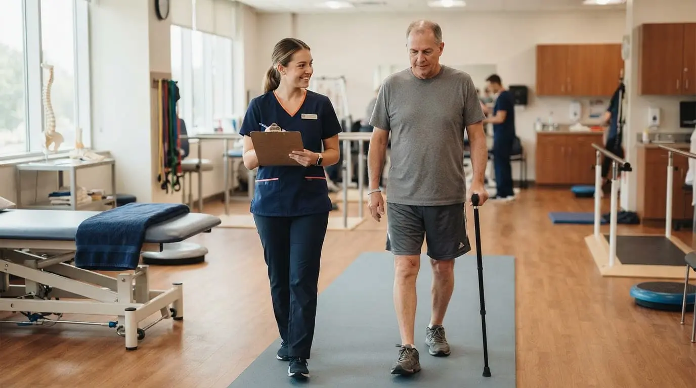 A PTA student guides an adult patient through gait training in a bright rehabilitation clinic.